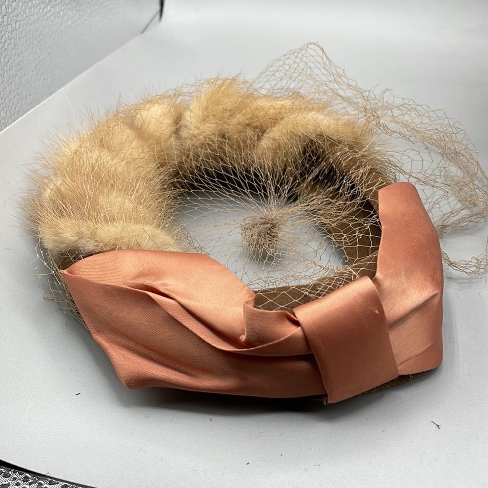 Vintage 1960’s tan  Mink pill box Champagne satin ribbon with veil cage